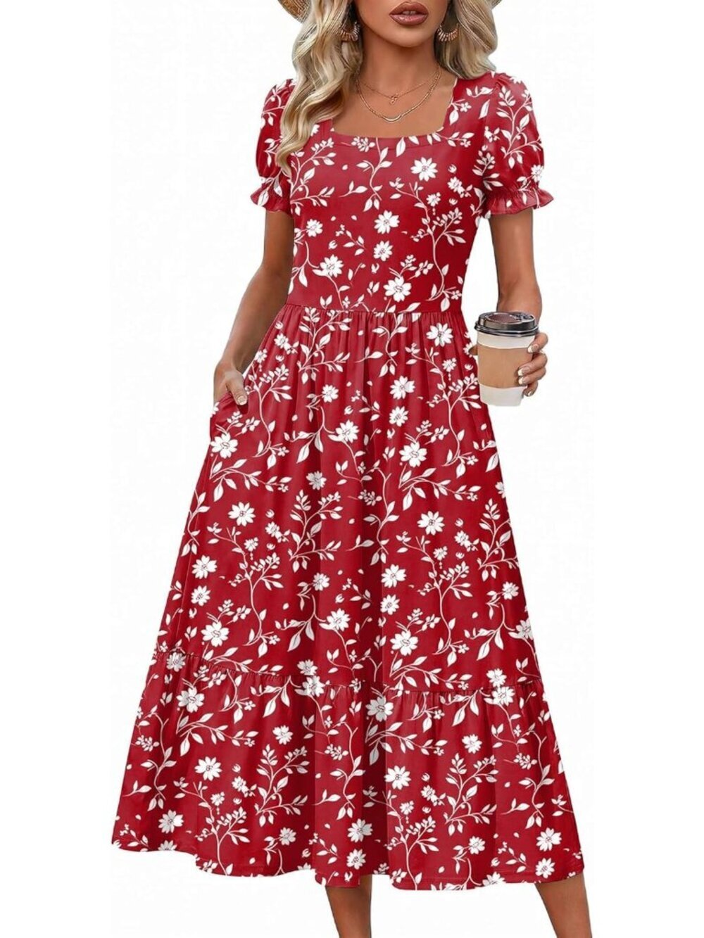 Zeagoo Women's Red Floral Flowy Casual Short Sleeve Tiered Midi Maxi Dress